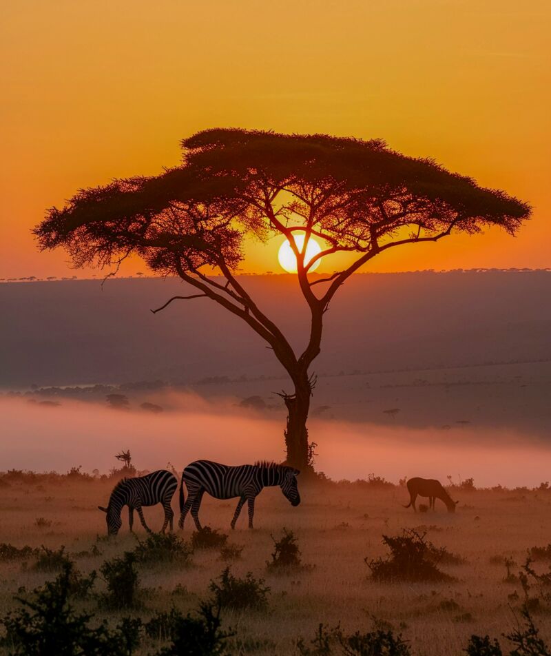 Zebras e acácia ao pôr do sol na savana