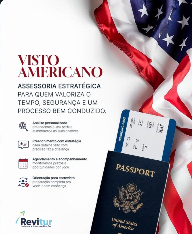 Visto americano: assessoria estratégica da Revitur, com passaporte e bandeira dos Estados Unidos